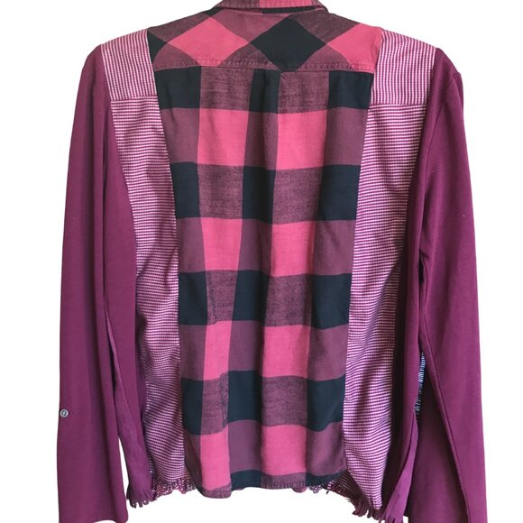 Upcycled Patchwork Flannel Shirt, Size M: Mixed Print Button-Down Magenta Blouse - Picture 3 of 11